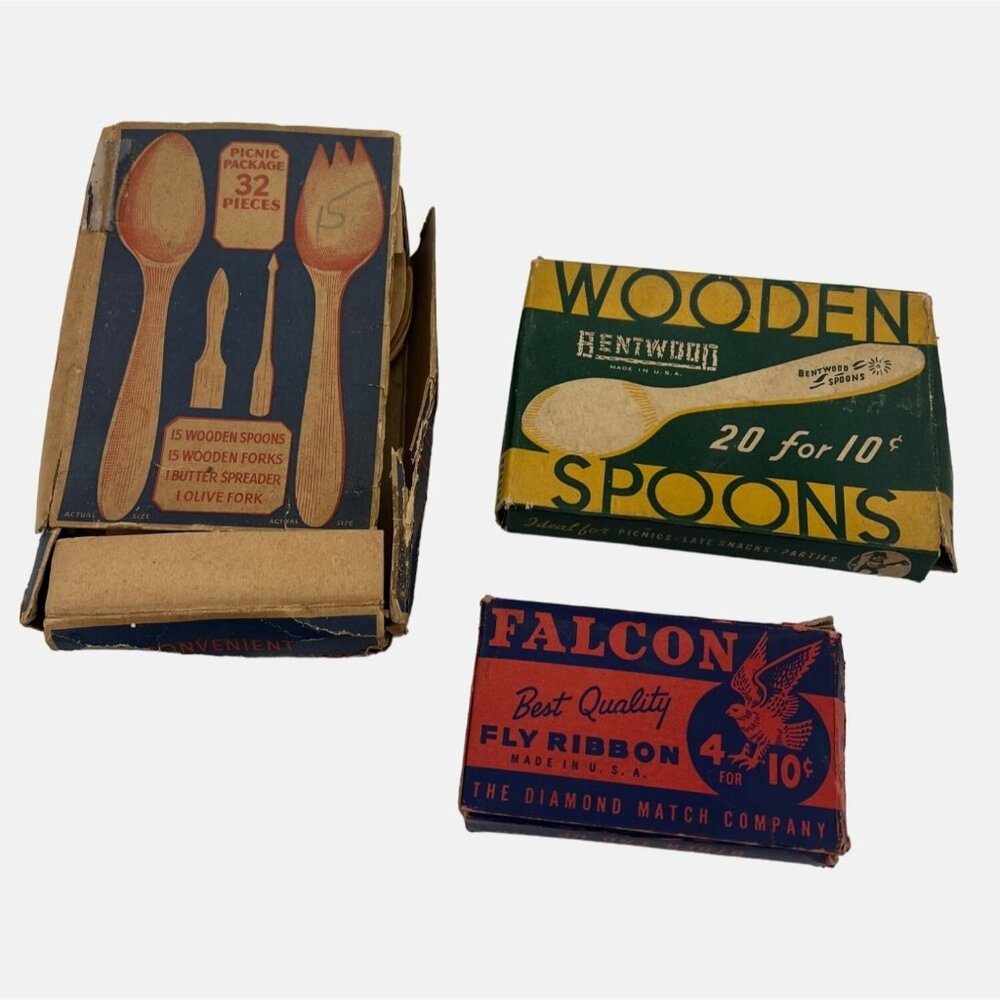 Vintage Picnic Supplies Wooden Utensils & Falcon Fly Ribbons w/ Original Boxes